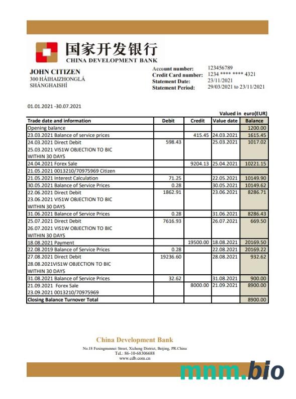 Szablon wyciągu bankowego China Citic Bank Corp w programie Word i PDF